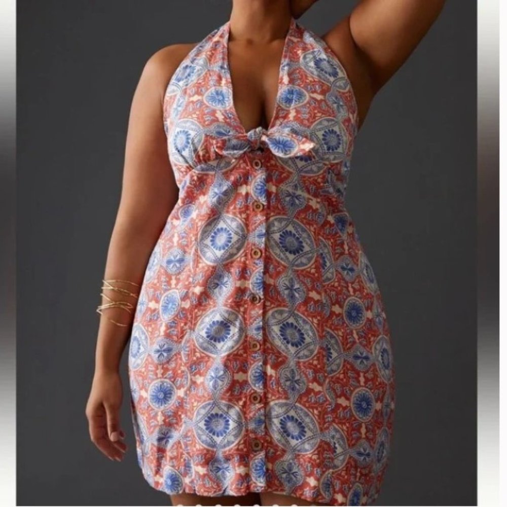 Anthropologie Red and Blue Halter Mini Dress